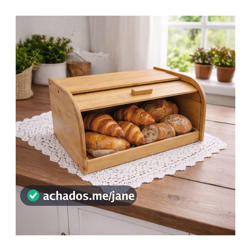 Porta Pão Bambu Com Tampa Retrátil Cesta Para Pães E Bolos