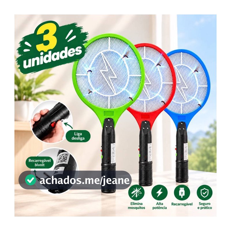 Raquete Elétrica Mata Mosquitos Bivolt 110 e 220 Recarregável Alta Potência Colorida
