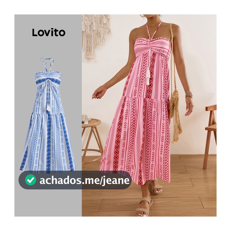Lovito Vestido Boho De Verão/primavera Praia Longo Com Estampa Tribal E Franjas Para Mulheres LBL17610