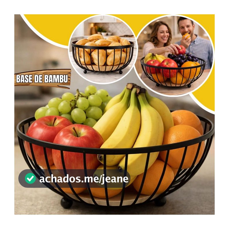 Fruteira de Mesa Aramada Com Base de Bambu Cesto de Frutas Preta Moderna Luxo Redondo Grande para Cozinha e Decoração