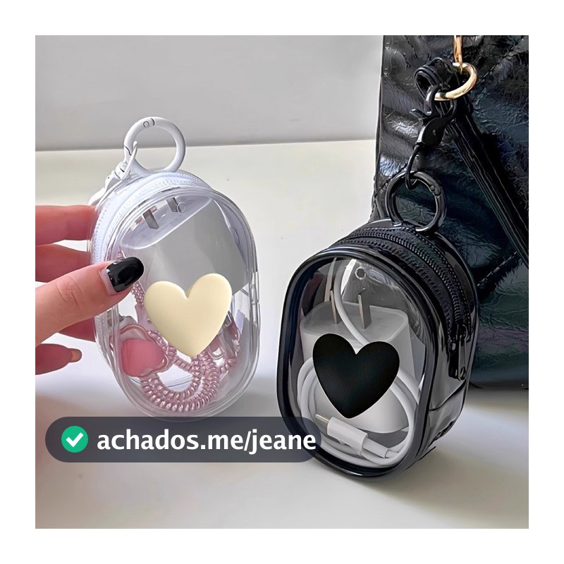 Carregador De Cabo De Dados 3D Love-Heart Bolsa De Armazenamento De Viagem Multifuncional Transparente Com Zíper E Chave