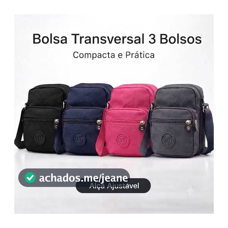 Bolsa Transversal Unissex Nylon 3 Bolsos Compacta Leve Resistente 20x15cm Dia a Dia