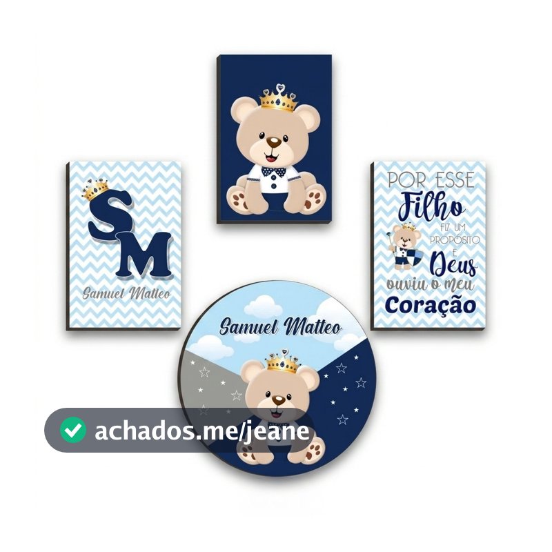 Kit Quadros Decorativos 4 Peças Infantil Frase Salmo Urso Nome Personalizado Presente Menina Menino
