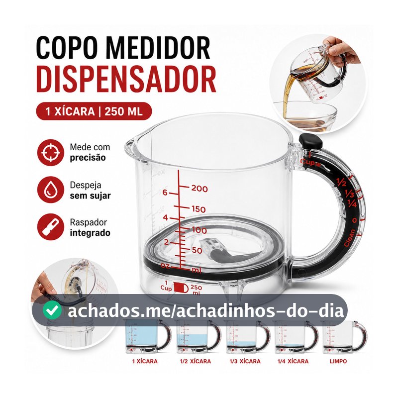 Copo Medidor Ajustável 4 em 1 de Acrílico Graduado Dosador Receita para Cozinha Copo de Medição C/ Raspador e Base 250ML