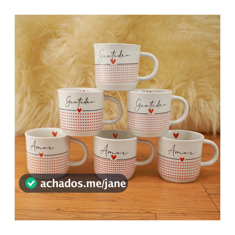 Jogo 6 Xícaras de Porcelana Ágata 200ml Palavras Positivas Amor e Gratidão
