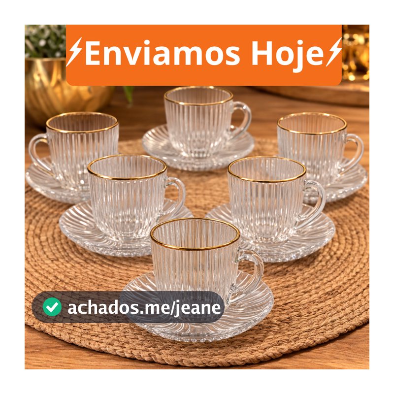 Jogo De Xicara De Luxo Vidro Com Borda Dourada + Pires Linha Hauskraft Premium 85ml