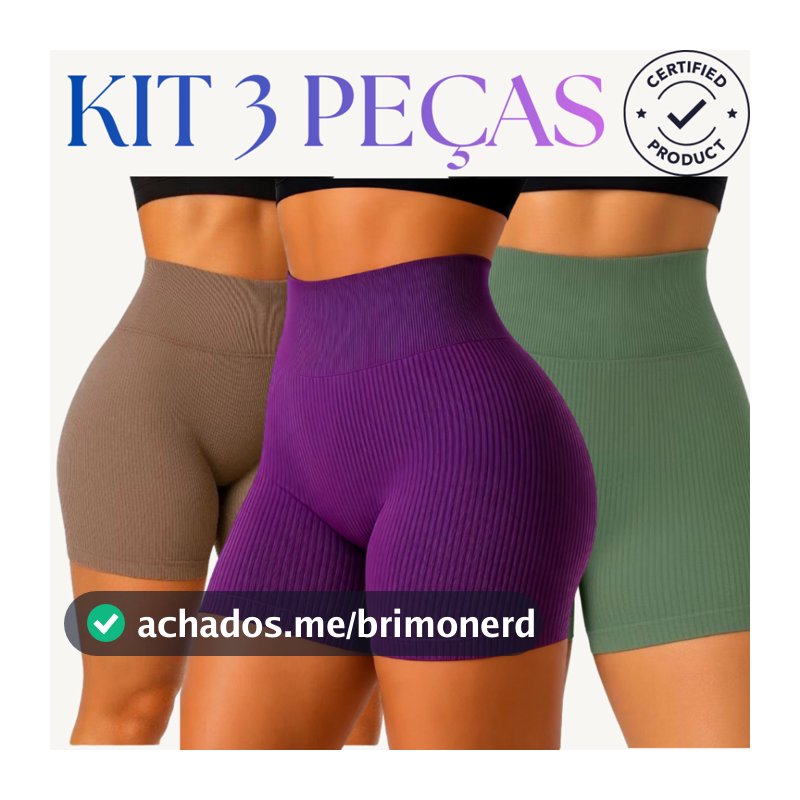 Kit 3 Short Legging Canelado Cintura Alta Feminino Academia Treino Fitness Poliamida Zero Transparência Premium Verão