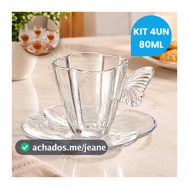 Conjunto 4 Xícaras Borboleta Elegante Vidro Cristal Com Pires 80ml Para Café Chá Wolff