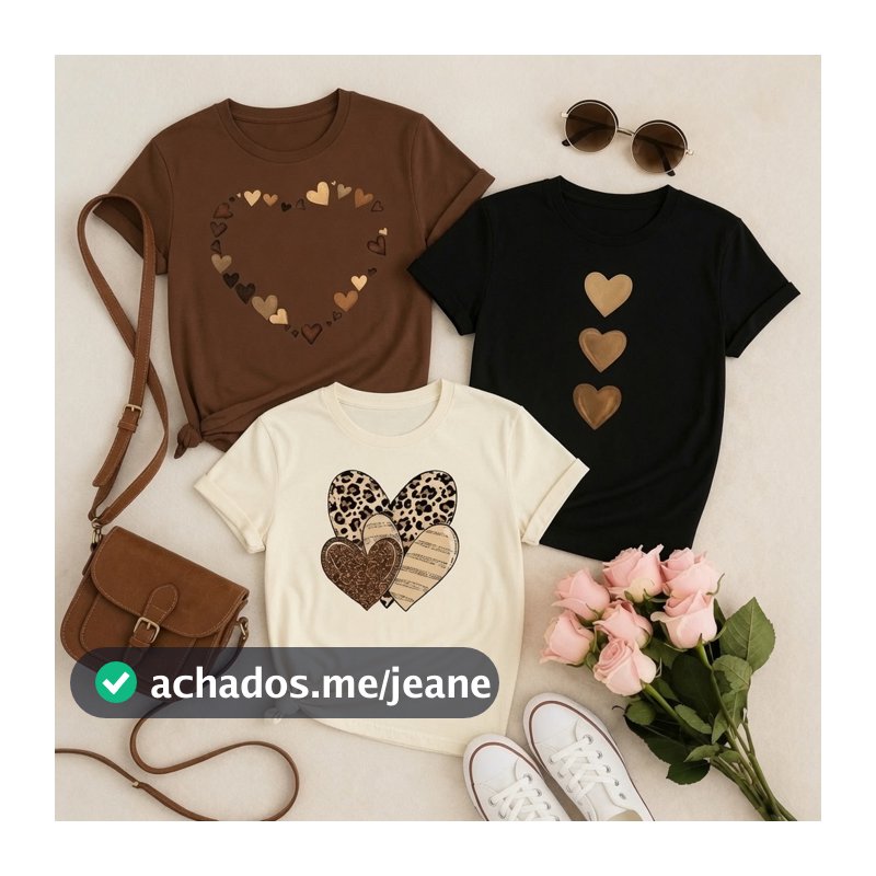 Camisetas Femininas Estampadas com Corações de algodão premium  Looks Casuais Fofos e Estilosos