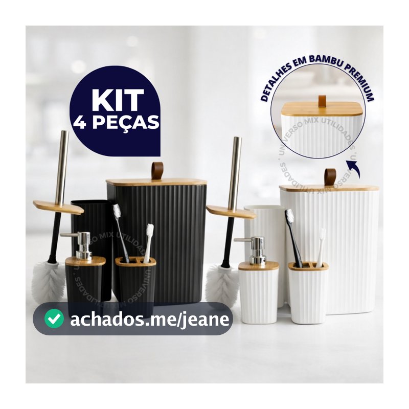 Kit 4 Peças Banheiro Luxo Quadrado Lixeira C/Tampa em Bambu e Puxador de Couro