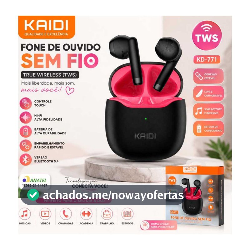 fone de ouvido, fone sem fio, fone Bluetooth, fone TWS, fone Kaidi, Kaidi KD-771, fone Bluetooth Kaidi, fone de ouvido