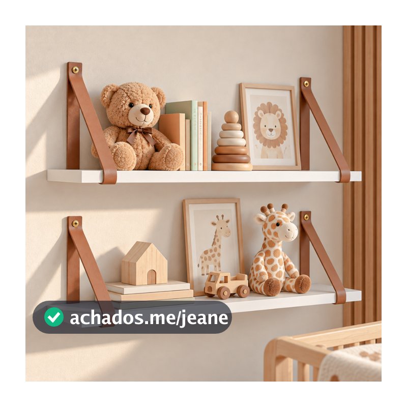 Kit 2 Prateleiras MDF 60x20cm com Alça de Couro Marrom Decoração Quarto Infantil