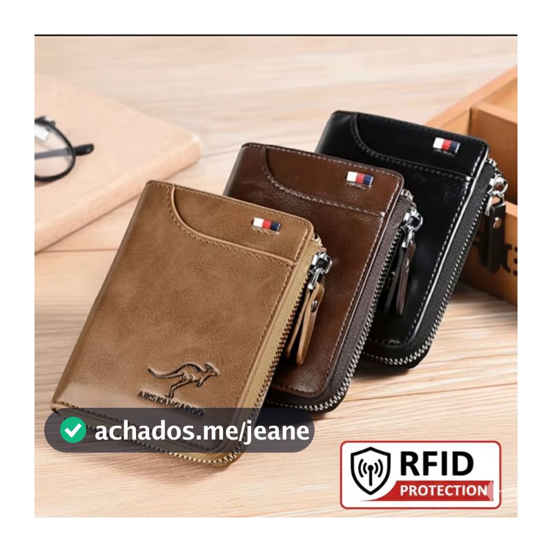 Carteira Masculina de Couro Com Zíper Luxo Proteção RFID Suporte De Cartão