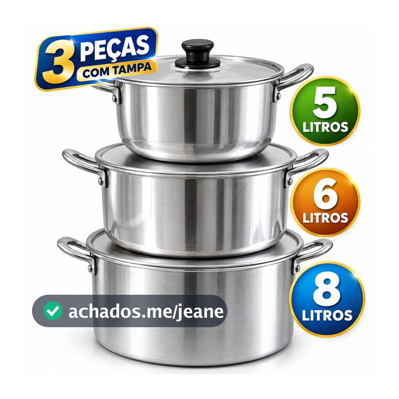 Jogo de Panelas Caçarolas Alumínio 3 Peças com Tampa 5L 6L 8L Feijoada Caldos