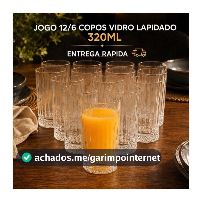 Jogo 12/6 Copos Vidro Lapidado 320ml Grosso Transparente Long Drinks