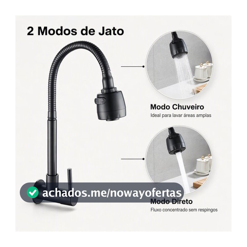 Torneira Inox  Prata/Preto Com Chuveiro Com Rotação De 360° Cozinha Luxo Parede Promoção