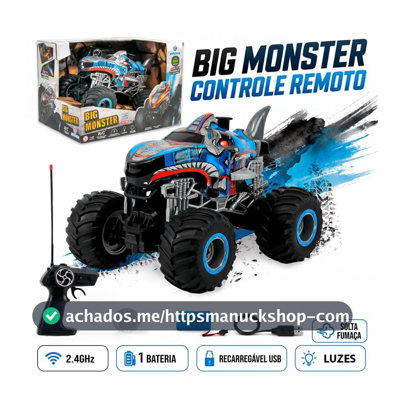 Carrinho Controle Remoto Big Monster 4x4 com Luzes e Solta Fumaça Led Recarregavel