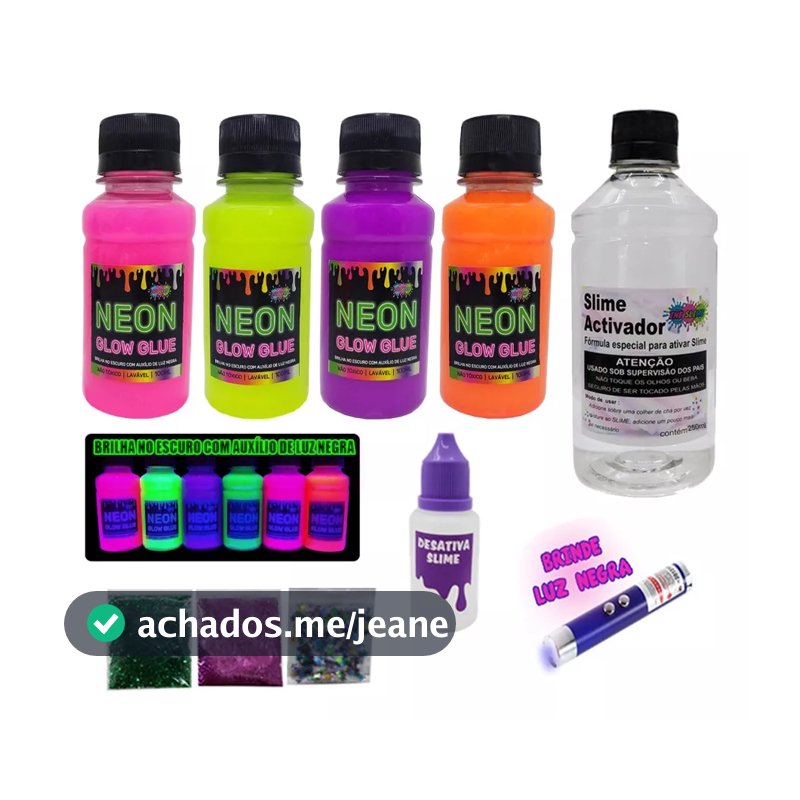 kit slime com colas neon  ine slime  especial dia das crianças com gliter estrelinhas desativador ativador