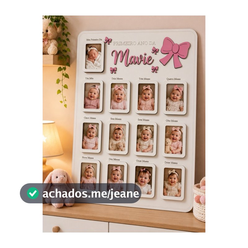 Quadro Primeiro Ano do Bebê Personalizado com Nome | Porta Retrato Mesversário MDF 13 Fotos Infantil