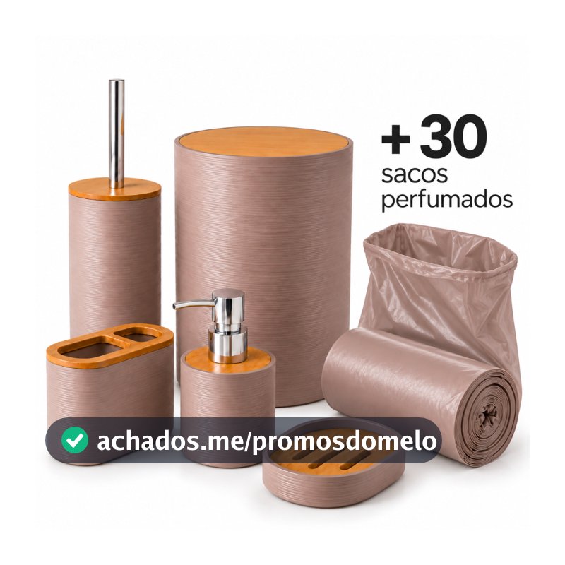Kit Banheiro Acessórios 6 Peças Lixeira Banheiro Bambu Sabonete Porta Sabonete Líquido Dispenser Escova Sanitária