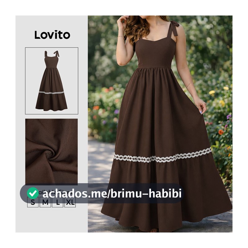 (New Arrival) Lovito Vestido Boho Colorblock com Renda para Mulheres Primavera/verão marrom DRB38BR065