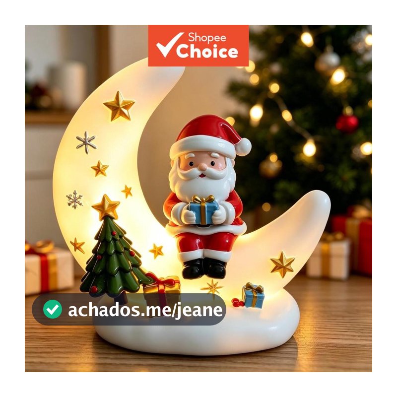 Enfeite de resina para mesa natalina com luz noturna, formato de lua e Papai Noel, ideal para decoração de Natal em casa