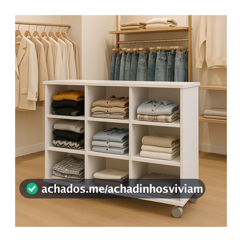 Móvel Expositor para Loja de Roupas 9 Nichos com Rodinhas  Branco Estante organização Closet