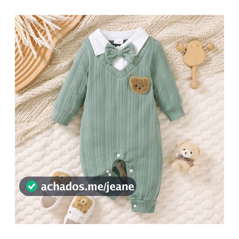 1-18Meses Macacão Para Bebês Recém-Nascidos , Fofo , Manga Comprida , Lapela , Gravata Borboleta , Malha , Urso