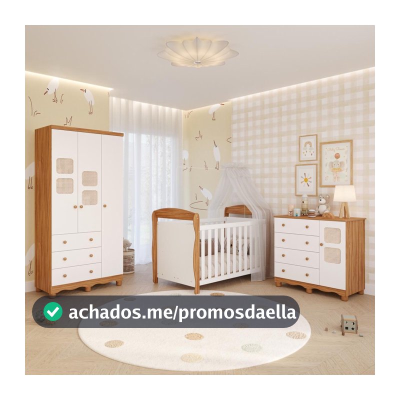 Quarto Bebê Completo Berço Americano Marquesa 3 em 1 Guarda Roupas 3 Portas Cômoda 100% MDF Telinha