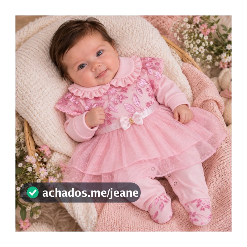 Macacão bebê menina com vestido tule rosa bebê Manuela