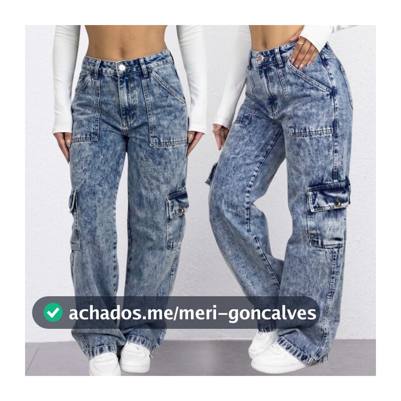 Calça Cargo Jeans Wide Leg Feminina com Bolso Lateral Pantalona Cós Alto