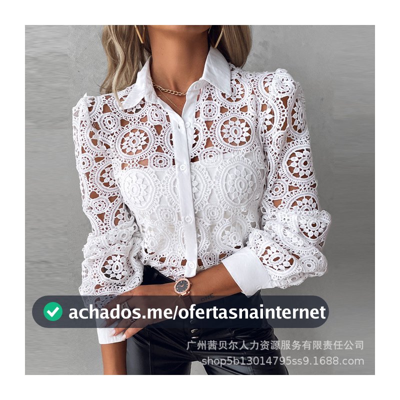 Nova Camisa de Renda Camisa Branca Top Elegante Roupa Feminina Elegante 2024 Camisa de Escritório Primavera Outono