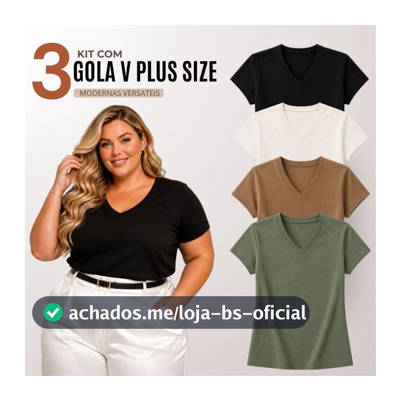 Kit 3 Blusas Feminina Plus Size Gola V Básica Casual - H00