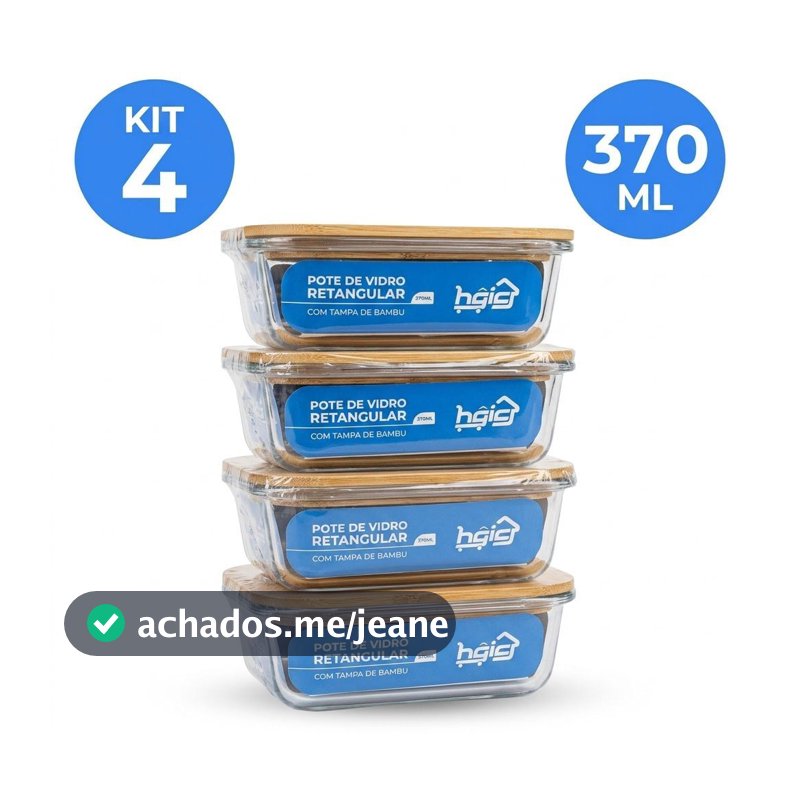 Kit 4 Potes de Vidro Herméticos 370ml Tampa de Bambu Retangular Marmita Forno Micro-ondas Freezer