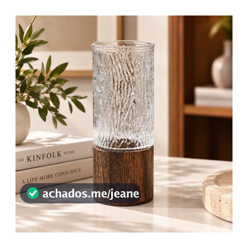 Vaso Decorativo de Vidro e Madeira Texturizado com Base 25cm para Flores e Arranjos