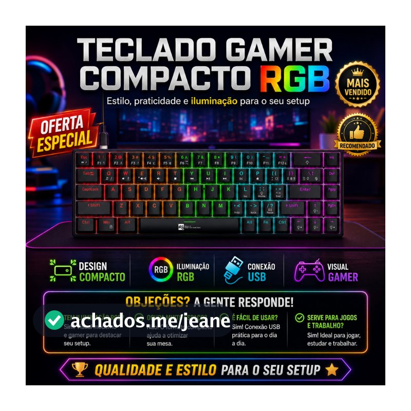 Teclado Gamer Mecânico 60% RGB ABNT2 (Ç) Profissional Compacto Iluminação Ajustável alta performace