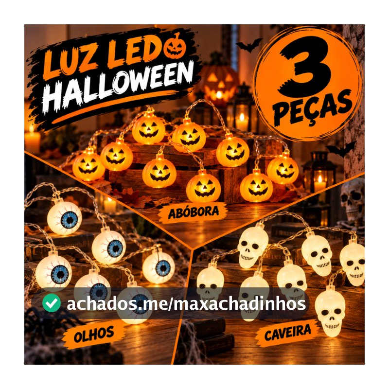 Varal Pisca Halloween Cordão 10 Luzes Led Decoração Abóbora Lâmpada Luz Caveira Fantasma Olho Festa