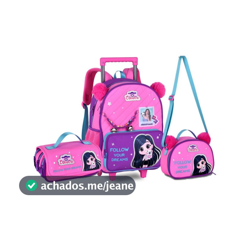 Kit Mochila Rodinha Luluca Pandinha Lancheira Estojo 2026 Rosa-chiclete Luluca Youtuber