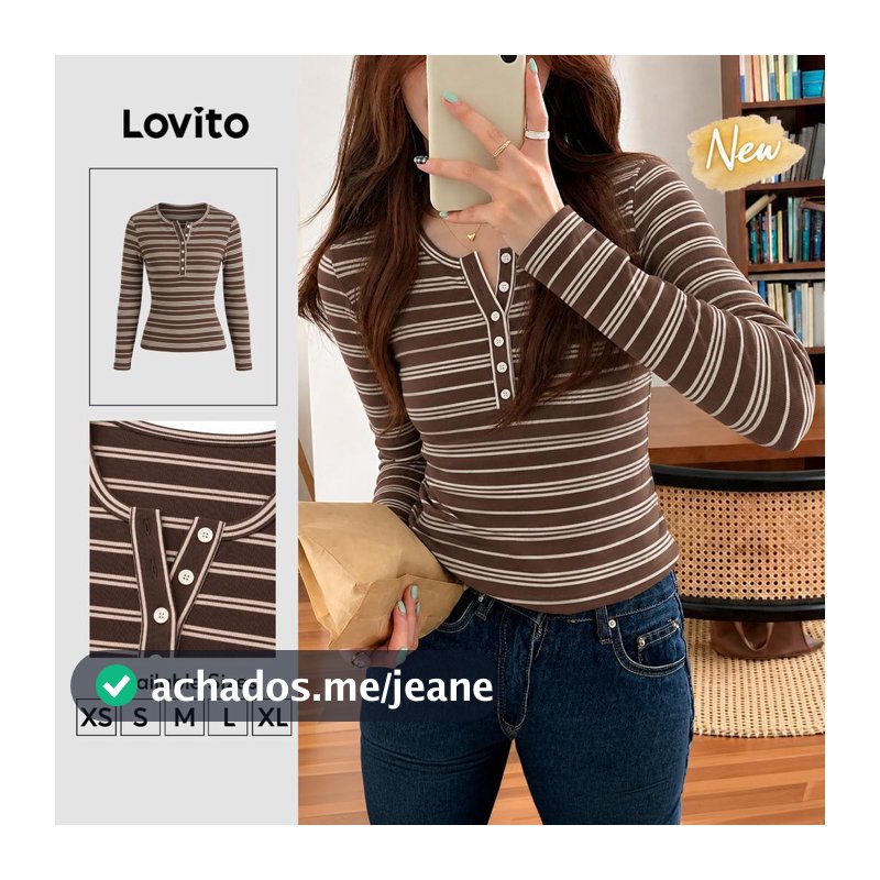 (New Arrival) Lovito Camiseta Marrom Casual Listrada De Manga Longa E Gola Redonda Com botões Para Deslocamento primavera/verão E Fim De Semana Feminina TSK11P1D1263