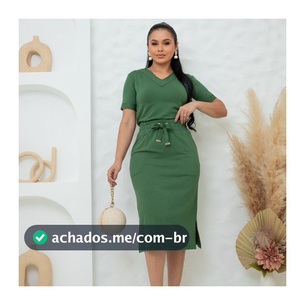 Conjunto Saia Midi e Blusa Gola V Moda Modesta Chique Envio Imediato