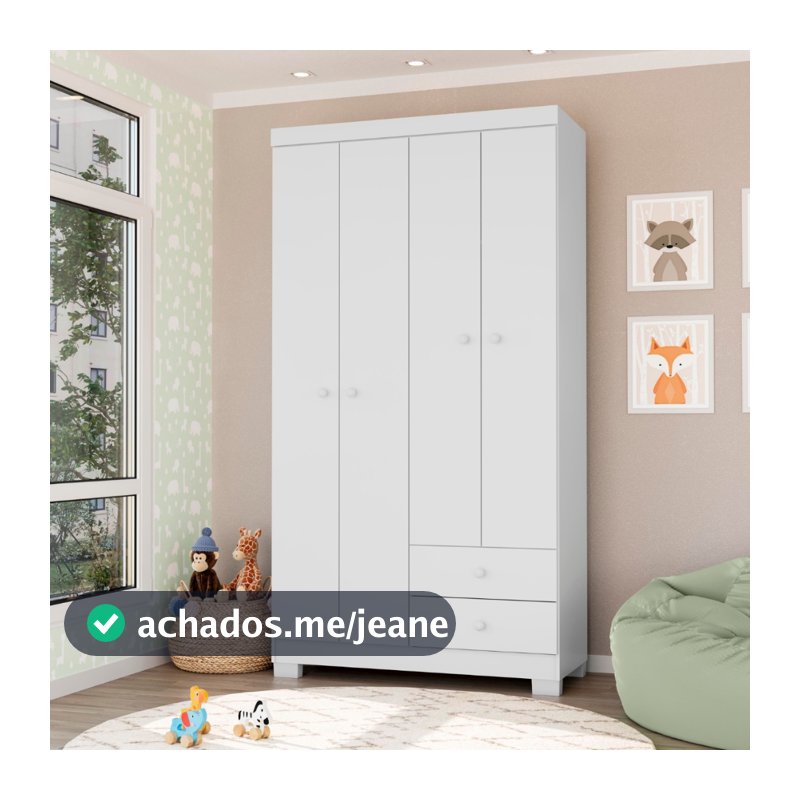 Guarda Roupa Infantil 4 Portas 2 Gavetas Baby Kids Branco Flex Azul ou Rosa para Quarto de Bebê