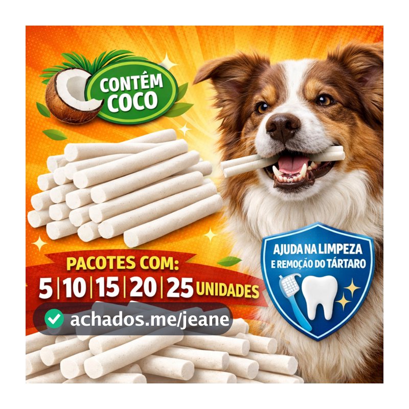 Petisco Osso Palito para Cães Natural 11cm Limpeza Tártaro Contém Coco Dental Saudável