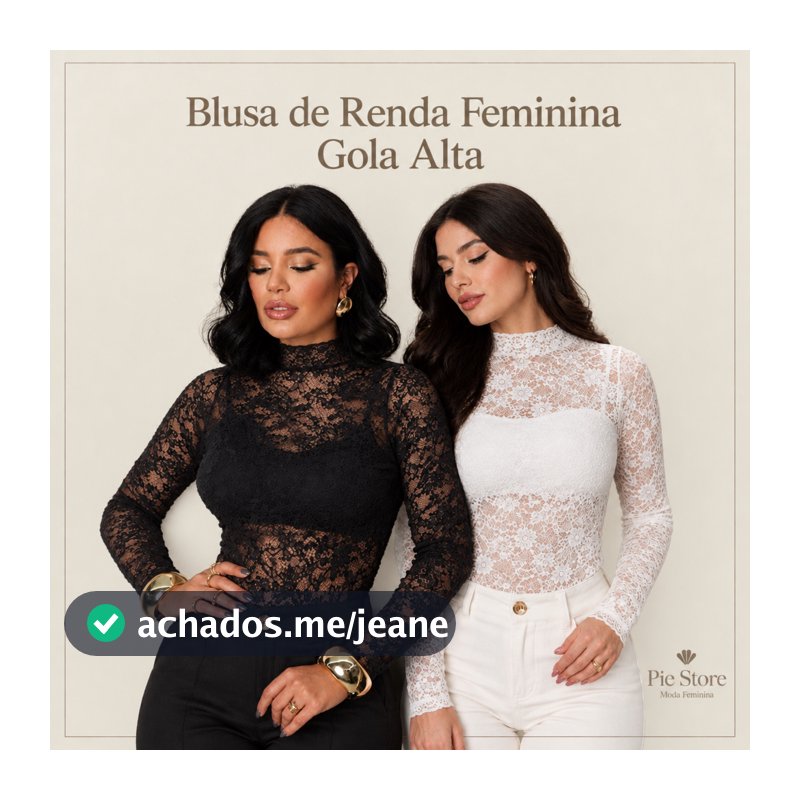 Blusa Feminina de Renda Manga Longa Gola Alta com Transparência