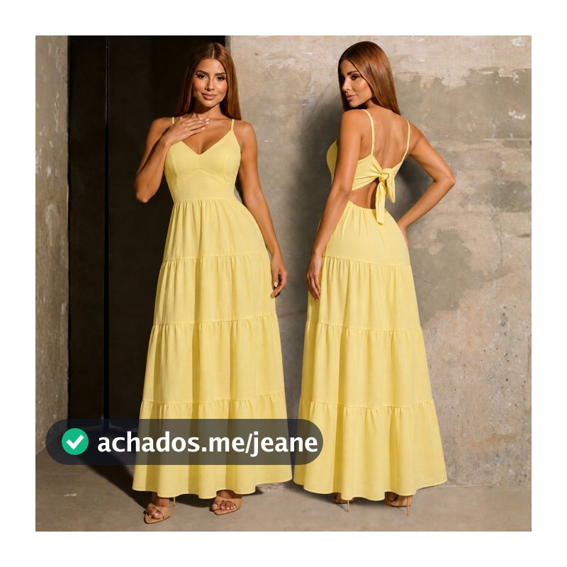 Vestido Longo Feminino  Alça Fina Elegante Moda Verão Rodado Decote V  Laço nas Costas Cores Candy