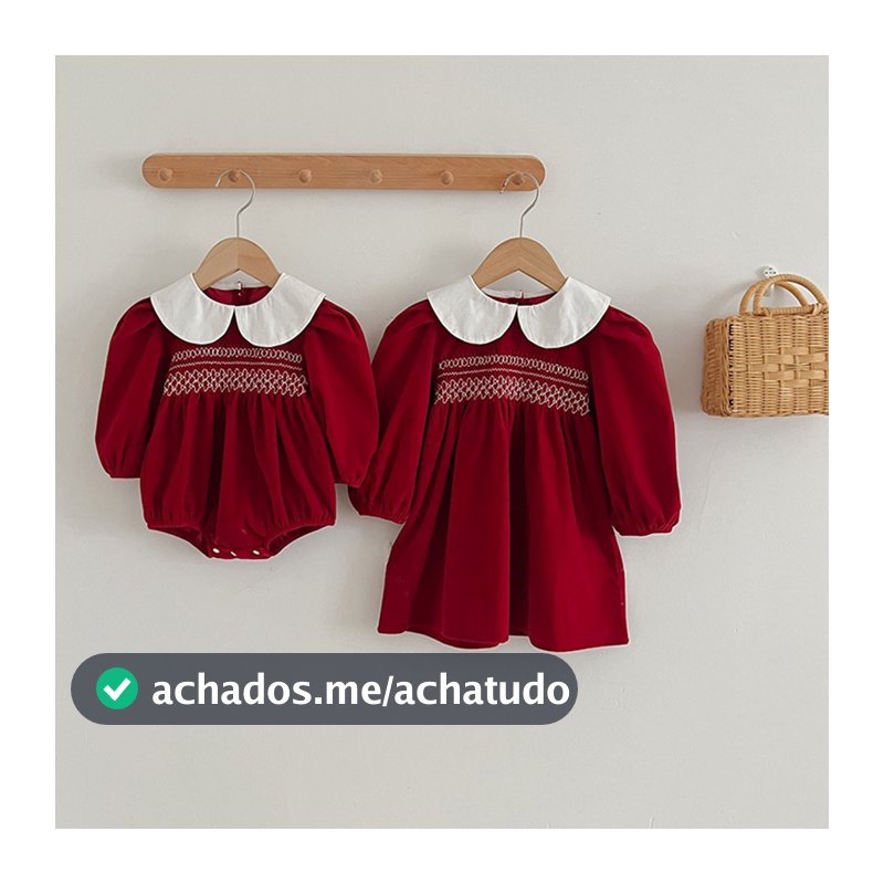 Meninas primavera outono vestido gola boneca vermelho bebê menina roupas irmãs roupas CCRI