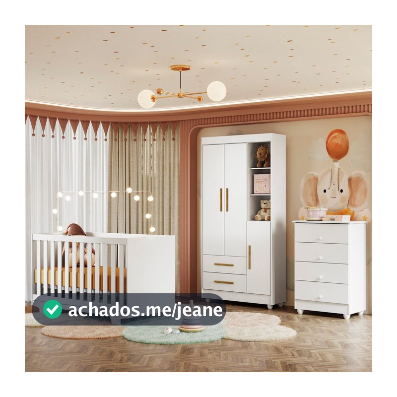 Quarto de Bebê Completo 100% MDF com Cômoda Berço e Guarda Roupa 1 MDF Nina Branco