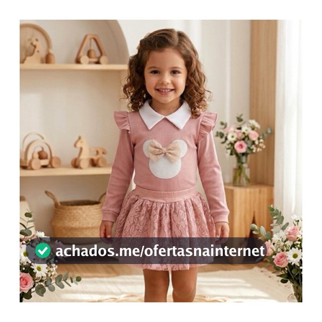 Conjunto Infantil Feminino Luxo Blogueirinha - Camisa Manga Longa com Babados e Saia de Renda