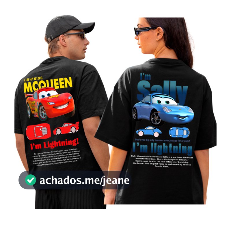 Kit 2 Camiseta Camisa Casal Estampado Relampago Mcquen + Sally Carros Lindos Algodao Unissex