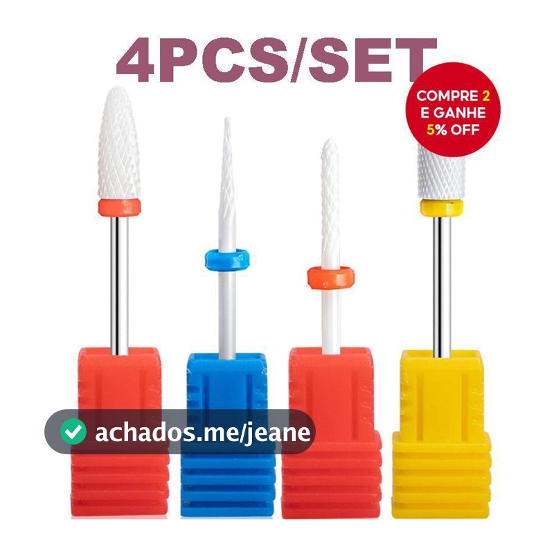 Kit 04 Brocas de Cerâmica para Unhas, Acabamento em Gel para Unhas, Motores de Lixa para Unhas.