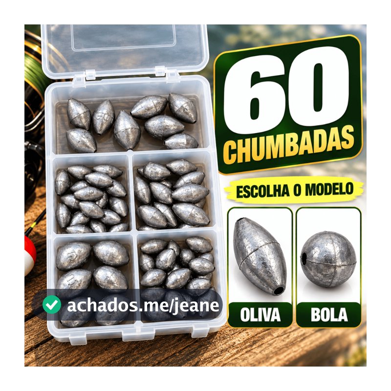 Kit Pesca Completo 60 Chumbadas | Bola ou Oliva | Vários Tamanhos | Caixa Estojo Organizador